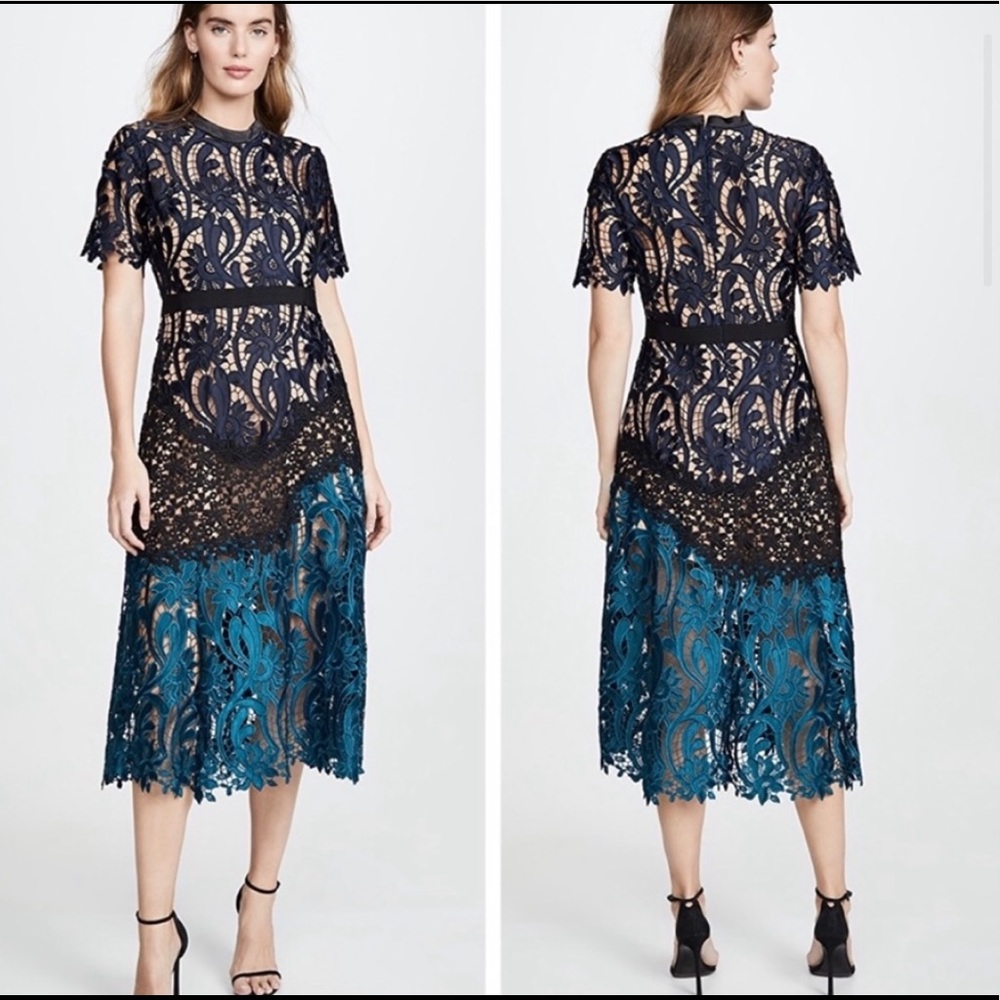 Self-Portrait Navy and Teal Lace Maxi Dress